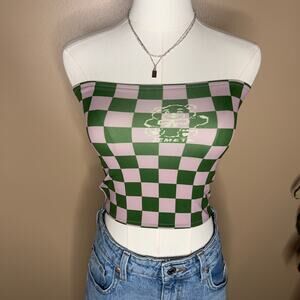 Y2K Checkered Tube Top Green Purple Strapless Crop Size Medium